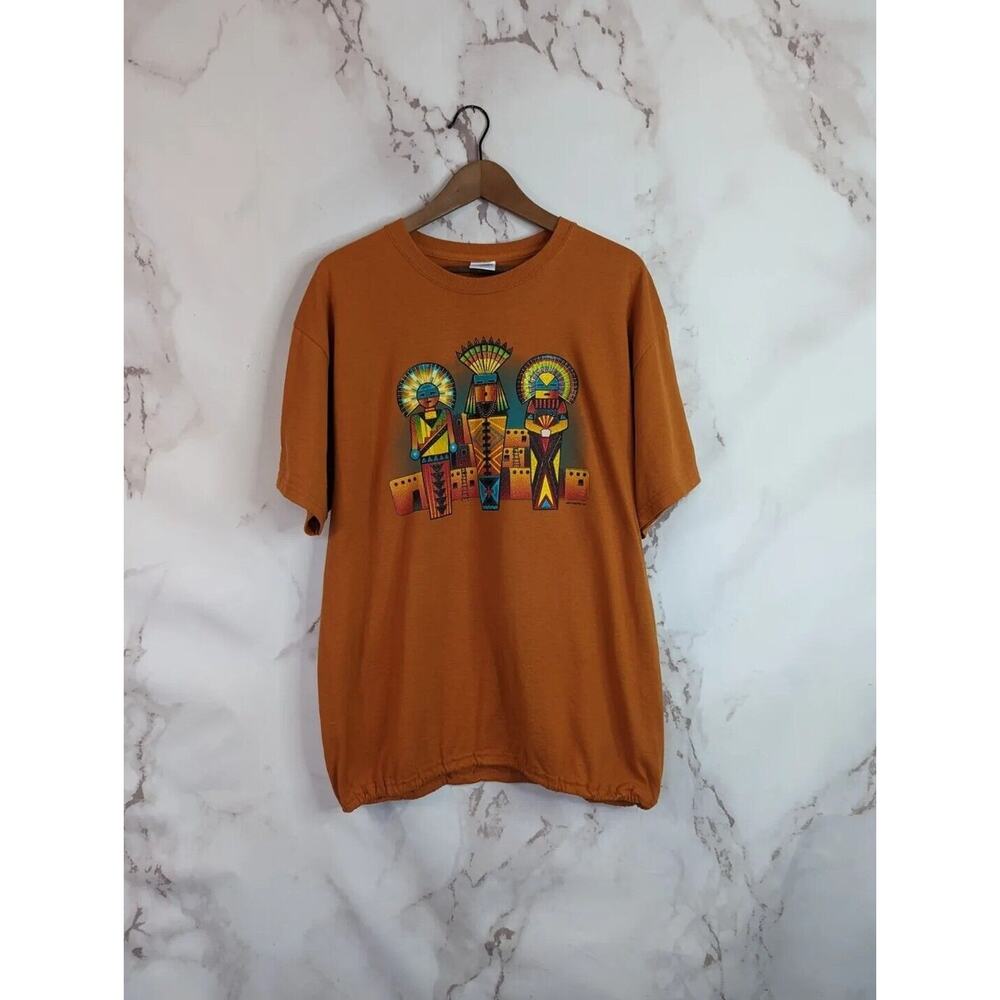 Vintage T Shirt Women Large Orange Tribal Synch Aztec Southwest Tee Y2K